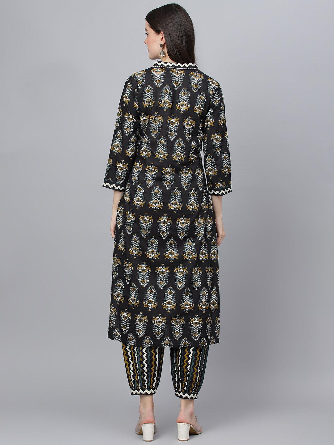  Black Cotton Straight Kurta Hem Cuffed Pant set -  world