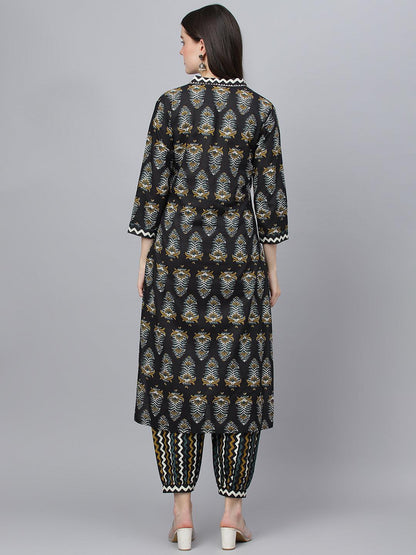  Black Cotton Straight Kurta Hem Cuffed Pant set -  world