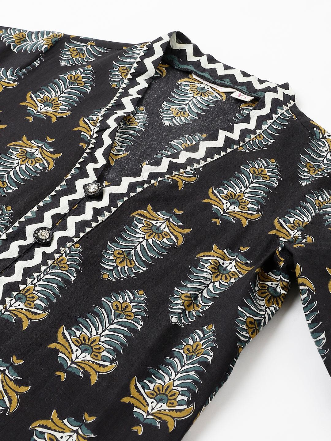  Black Cotton Straight Kurta Hem Cuffed Pant set -  world