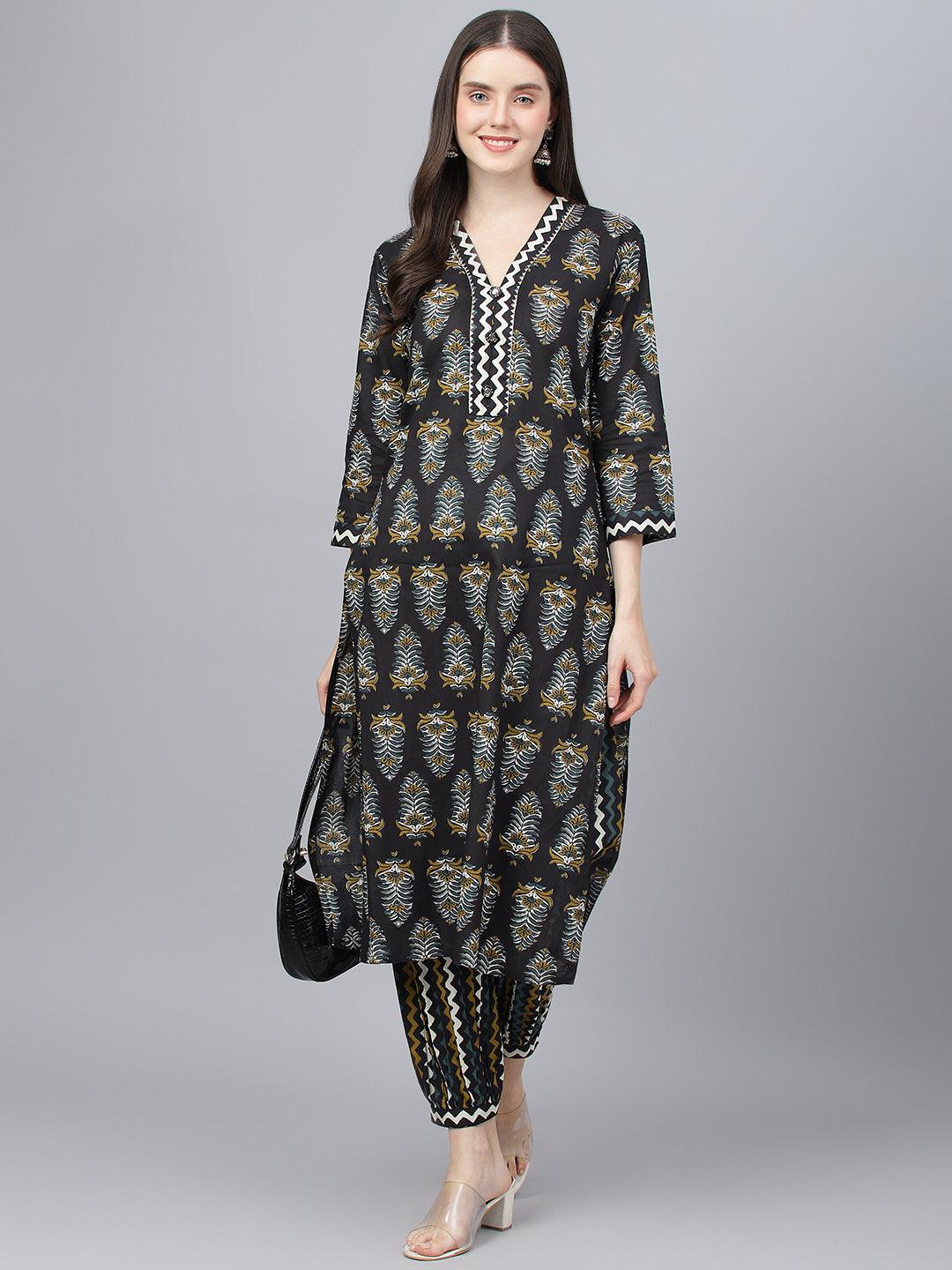  Black Cotton Straight Kurta Hem Cuffed Pant set -  world