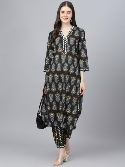  Black Cotton Straight Kurta Hem Cuffed Pant set -  world