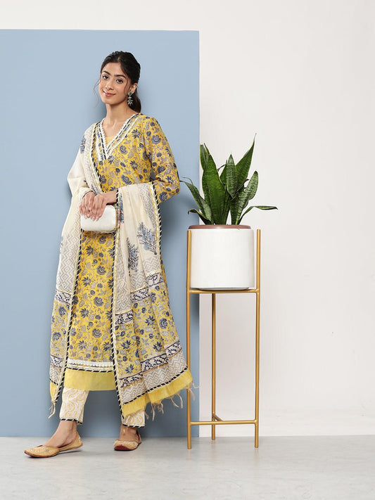  Yellow Pure Chanderi Kurta Pant Set with Dupatta -  world