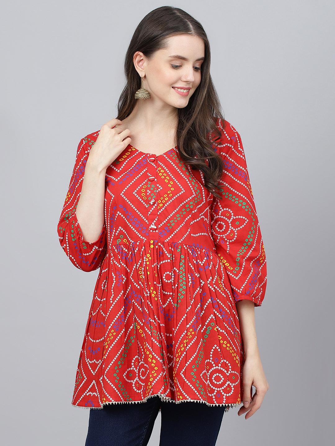  Red Bandhani Printed Cotton Peplum Top -  world