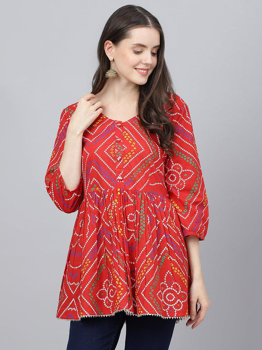  Red Bandhani Printed Cotton Peplum Top -  world