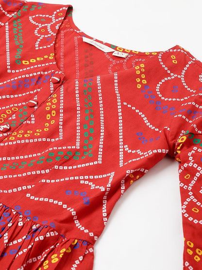  Red Bandhani Printed Cotton Peplum Top -  world