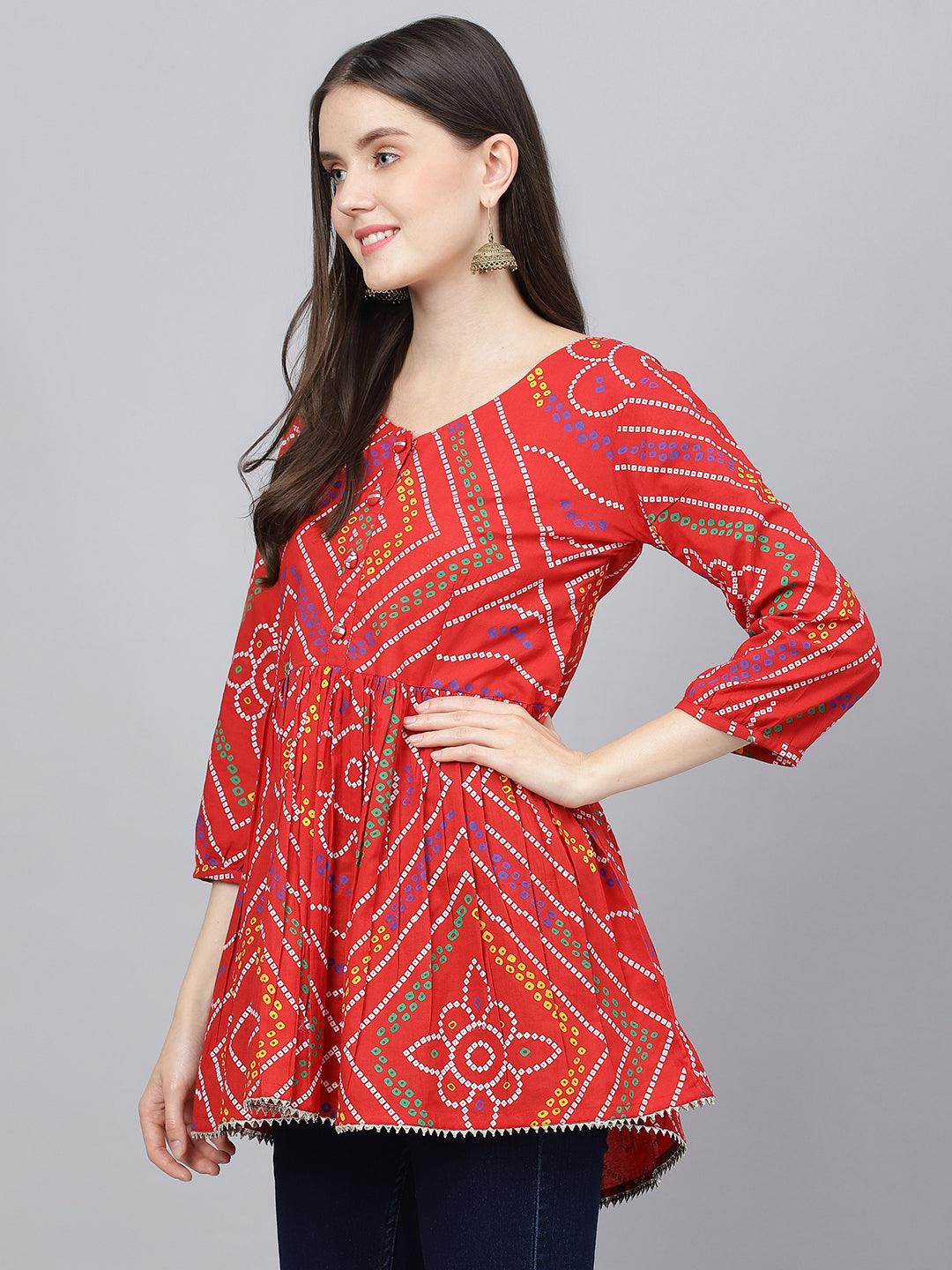  Red Bandhani Printed Cotton Peplum Top -  world