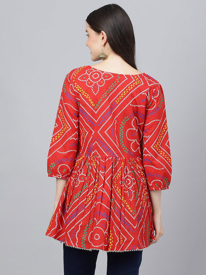  Red Bandhani Printed Cotton Peplum Top -  world