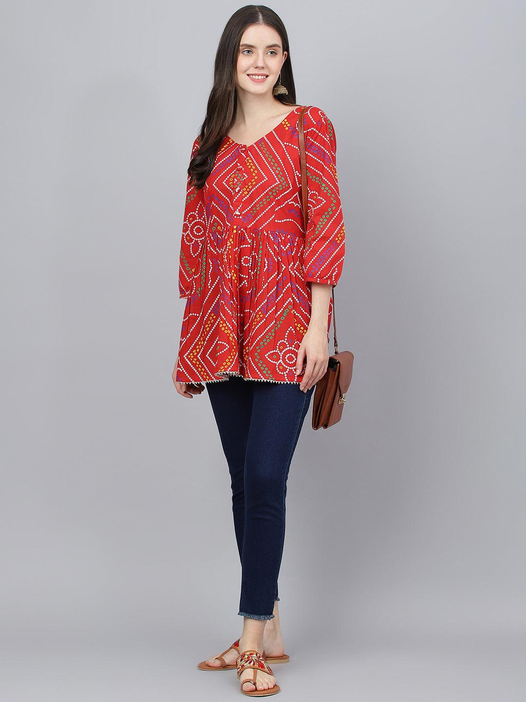  Red Bandhani Printed Cotton Peplum Top -  world