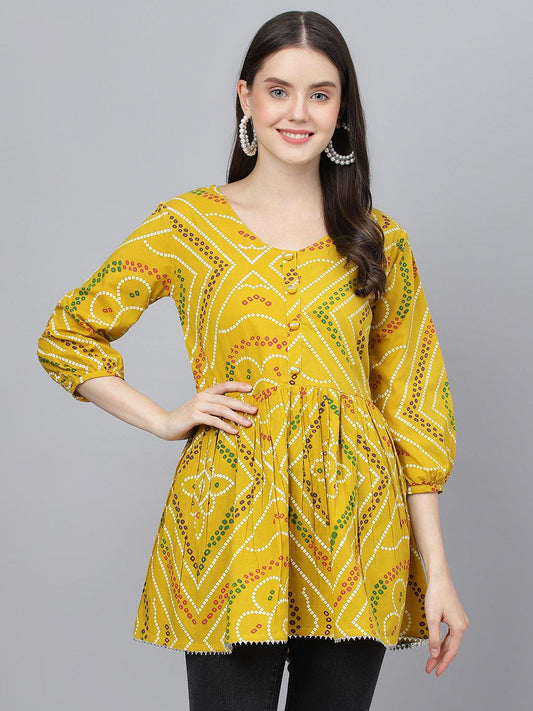  Mustard Bandhani Printed Cotton Peplum Top -  world
