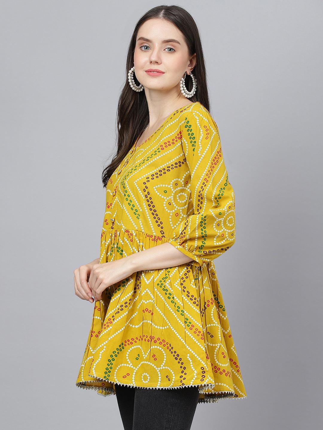 Mustard Bandhani Printed Cotton Peplum Top -  world