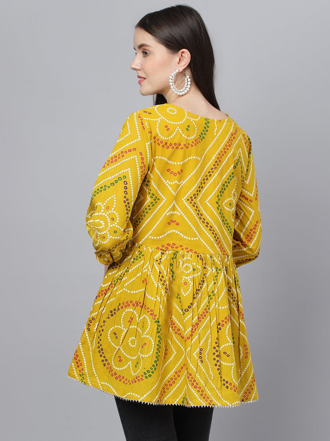  Mustard Bandhani Printed Cotton Peplum Top -  world