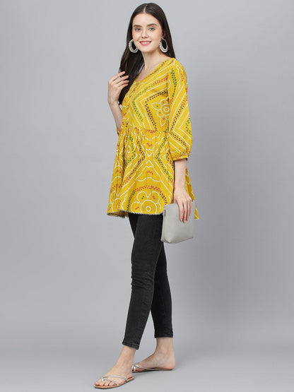  Mustard Bandhani Printed Cotton Peplum Top -  world