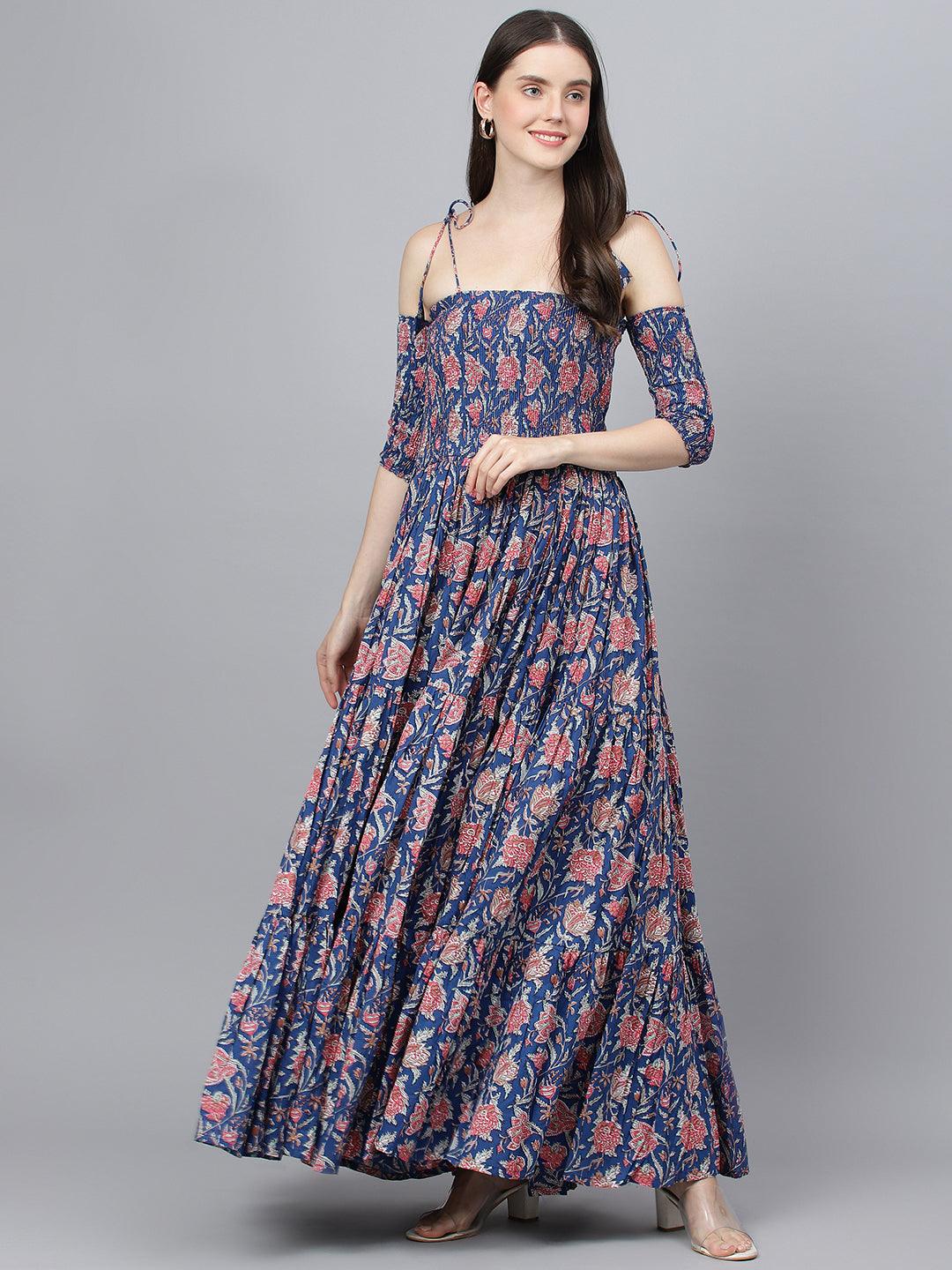  Blue Floral Printed Shoulder Strips Flared Long Dress -  world