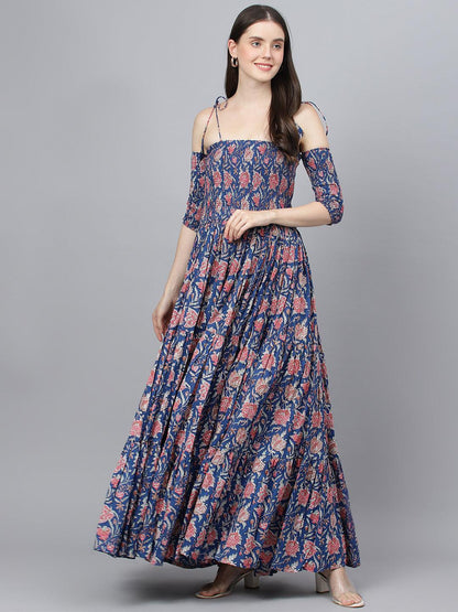  Blue Floral Printed Shoulder Strips Flared Long Dress -  world