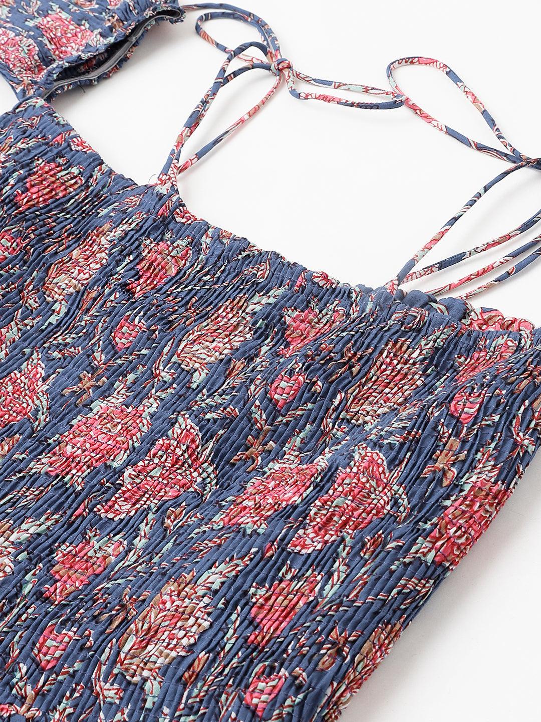  Blue Floral Printed Shoulder Strips Flared Long Dress -  world
