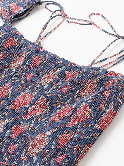  Blue Floral Printed Shoulder Strips Flared Long Dress -  world