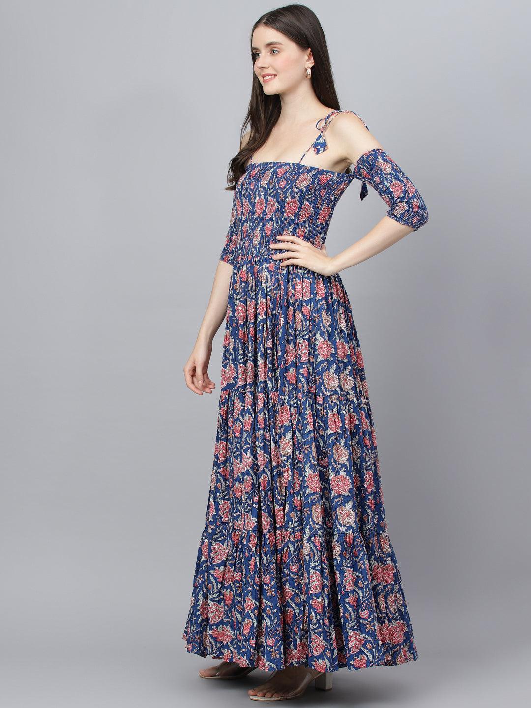  Blue Floral Printed Shoulder Strips Flared Long Dress -  world