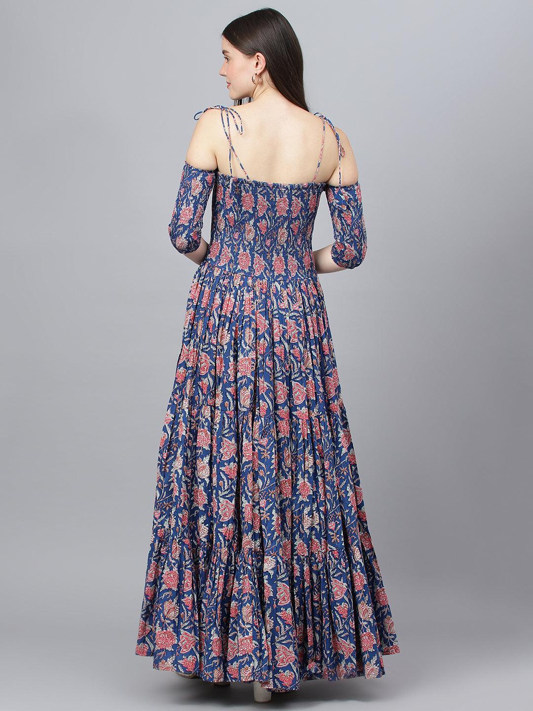  Blue Floral Printed Shoulder Strips Flared Long Dress -  world