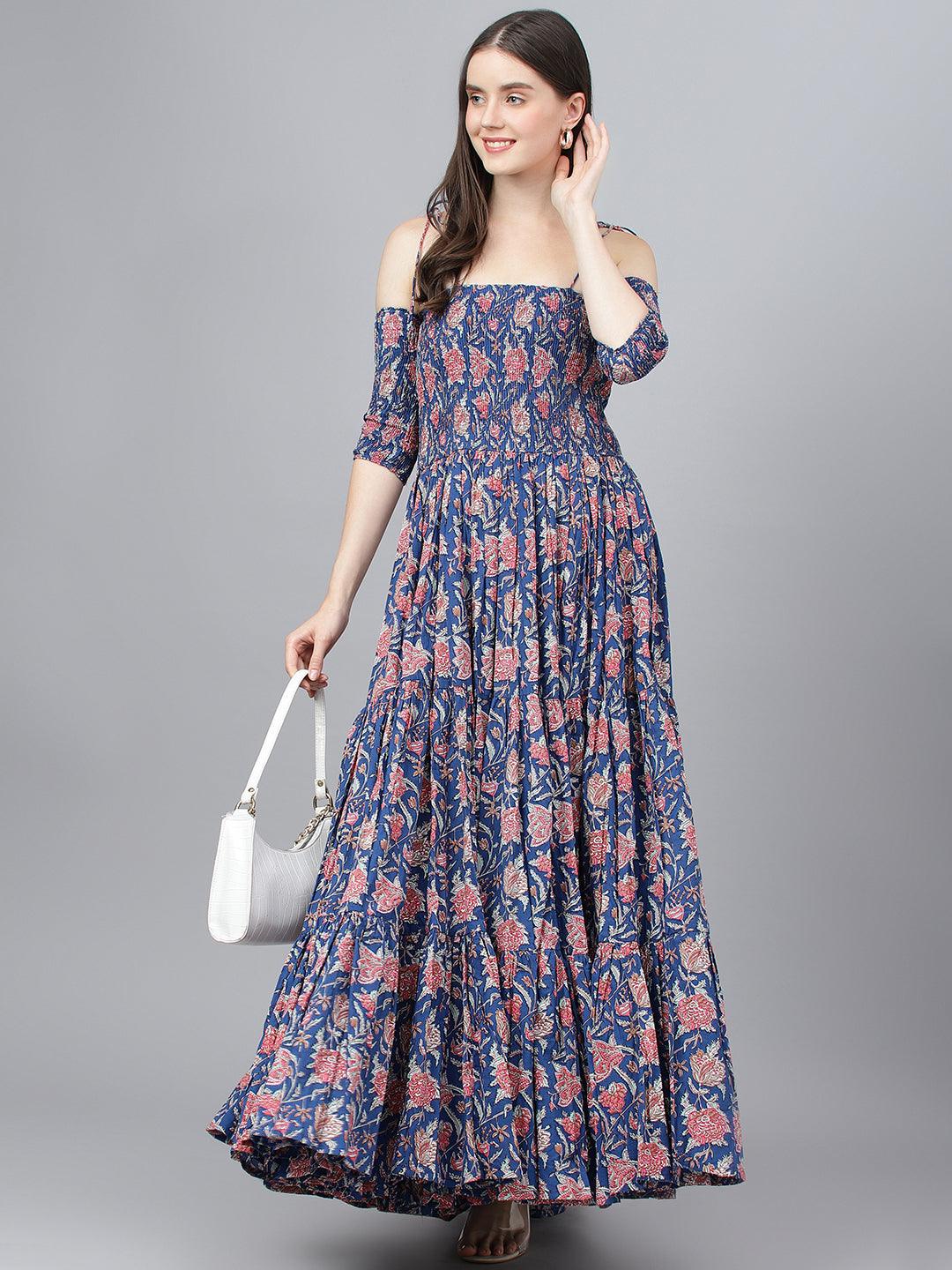  Blue Floral Printed Shoulder Strips Flared Long Dress -  world