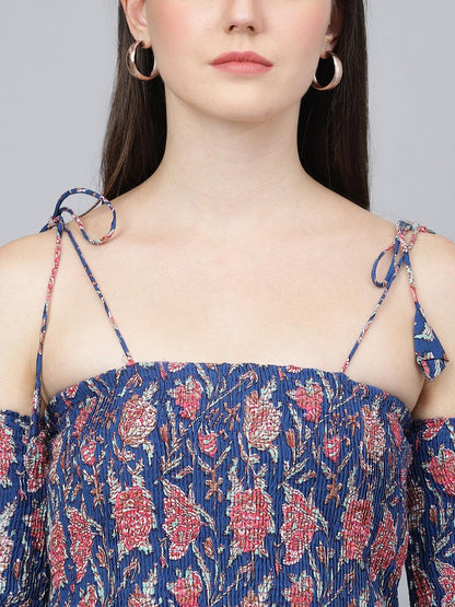 Blue Floral Printed Shoulder Strips Flared Long Dress -  world