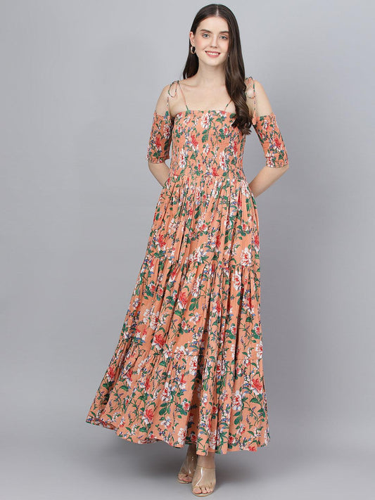  Peach Floral Printed Shoulder Strips Flared Long Dress -  world