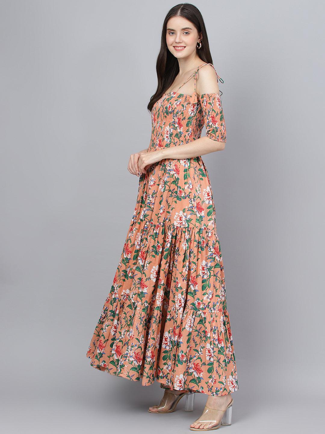  Peach Floral Printed Shoulder Strips Flared Long Dress -  world