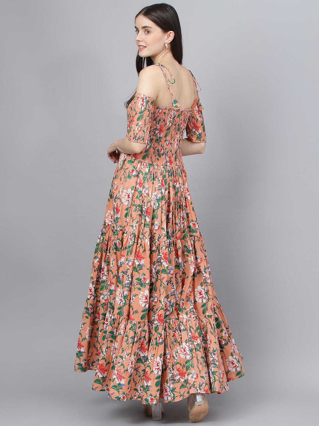  Peach Floral Printed Shoulder Strips Flared Long Dress -  world