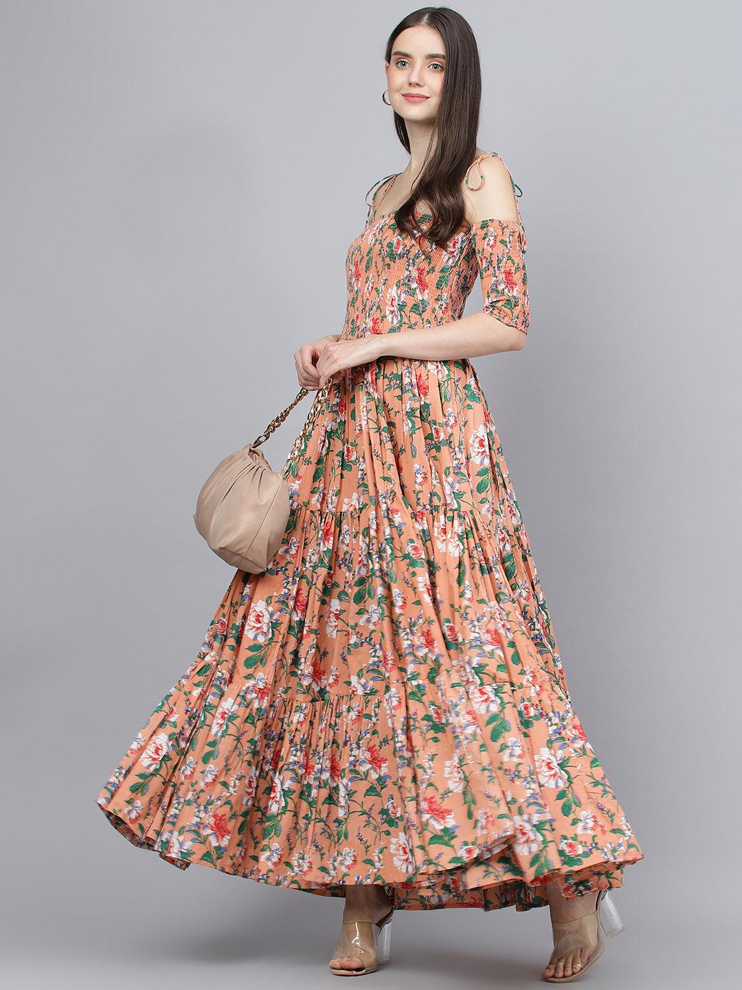  Peach Floral Printed Shoulder Strips Flared Long Dress -  world