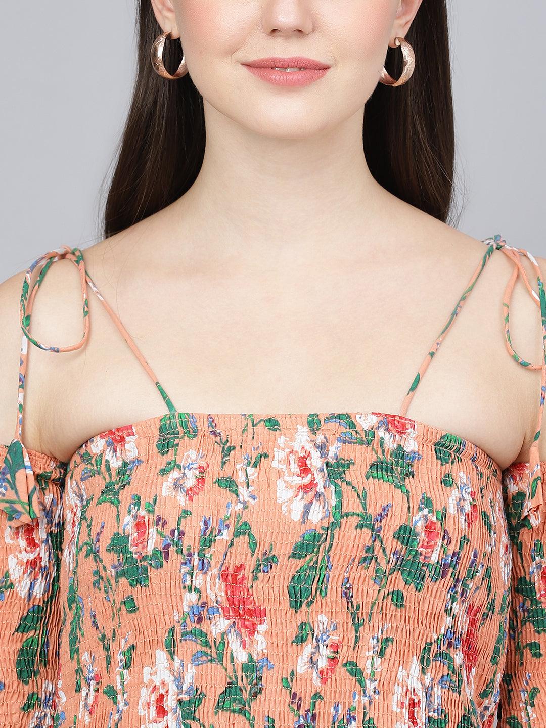  Peach Floral Printed Shoulder Strips Flared Long Dress -  world