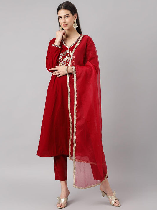  Maroon Solid Valvet hand work Kurta pant With Organza Dupatta set -  world