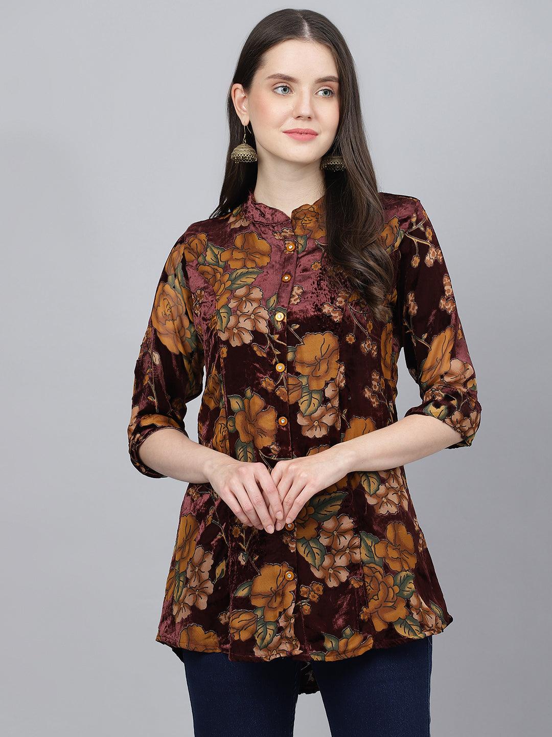  Wine Floral Burn out Velvet A-line Shirts Style Top -  world