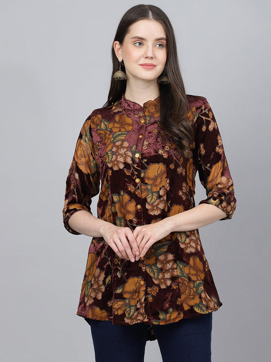  Wine Floral Burn out Velvet A-line Shirts Style Top -  world