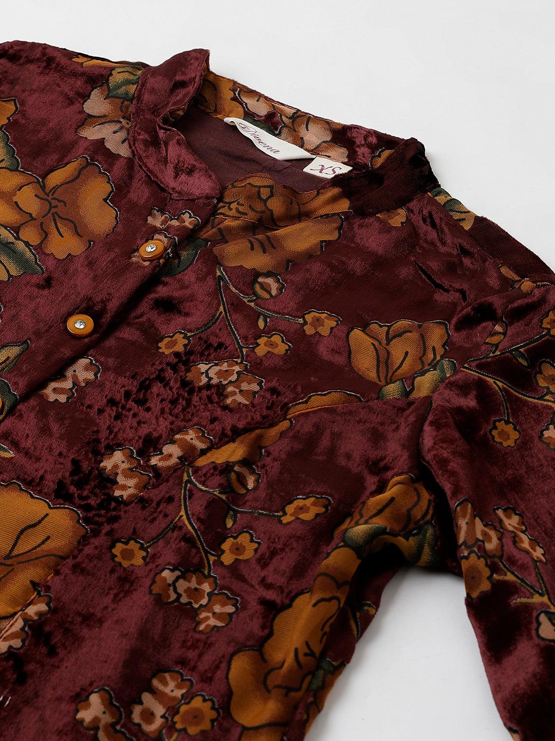  Wine Floral Burn out Velvet A-line Shirts Style Top -  world