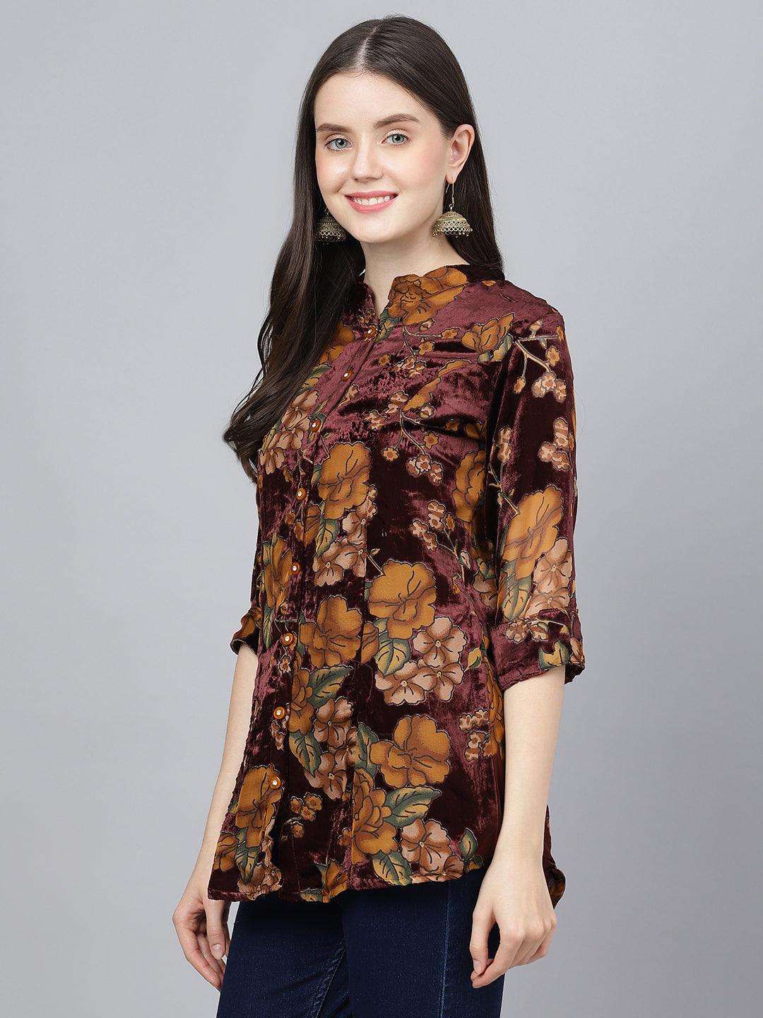  Wine Floral Burn out Velvet A-line Shirts Style Top -  world