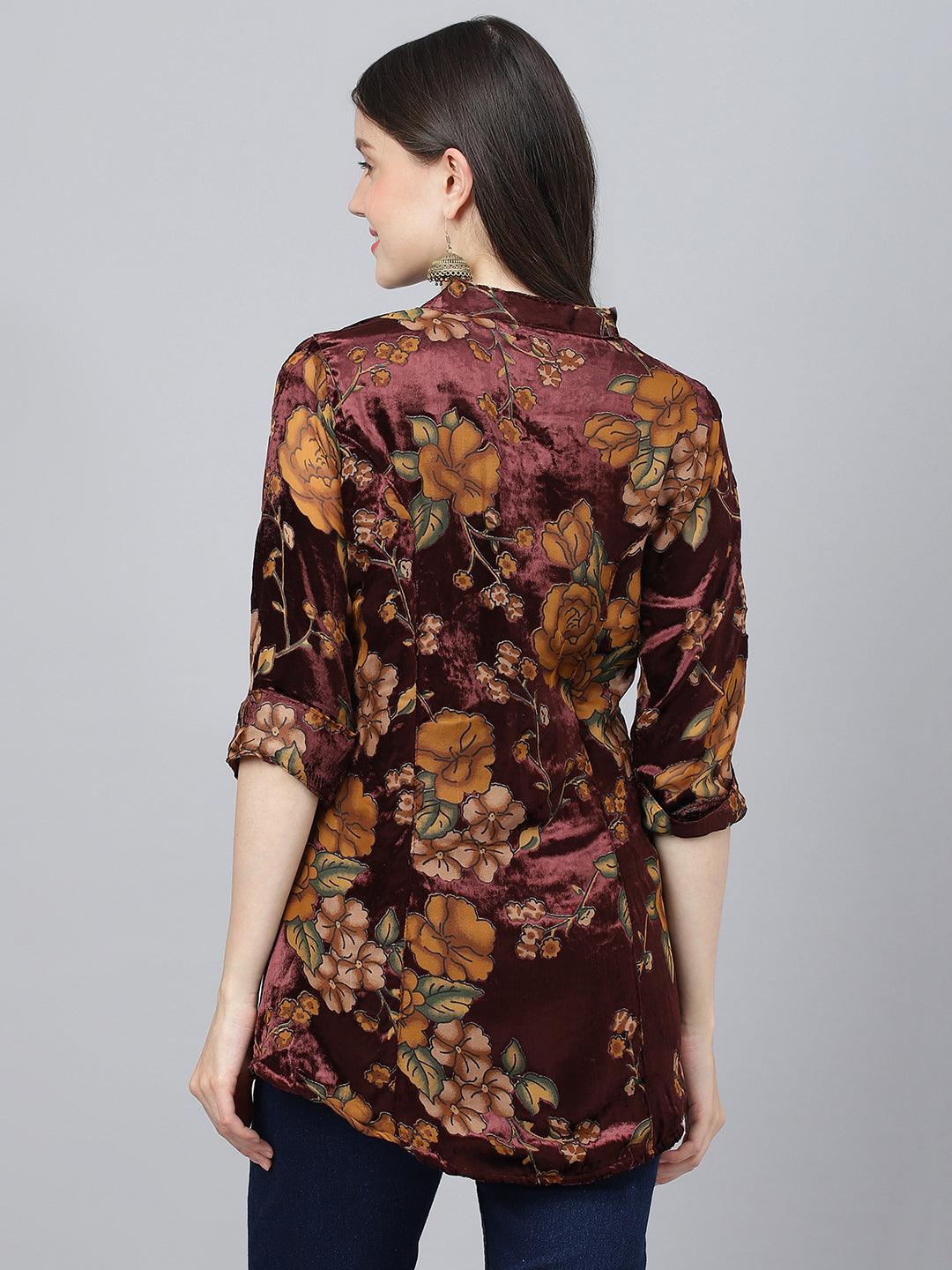  Wine Floral Burn out Velvet A-line Shirts Style Top -  world