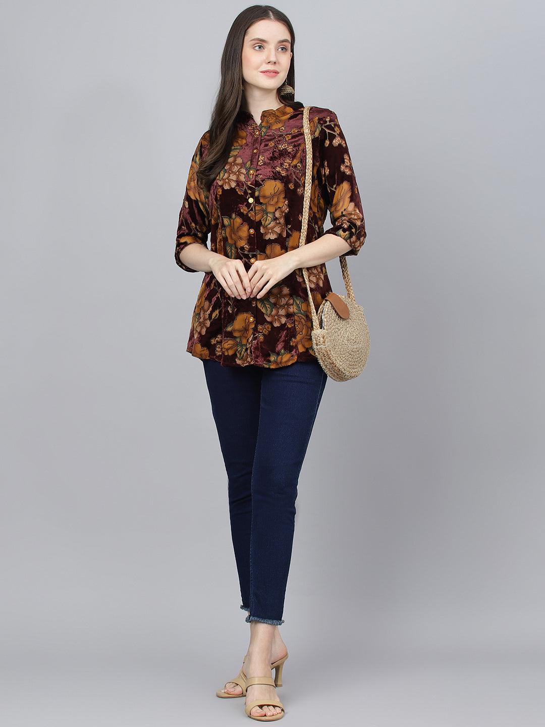  Wine Floral Burn out Velvet A-line Shirts Style Top -  world