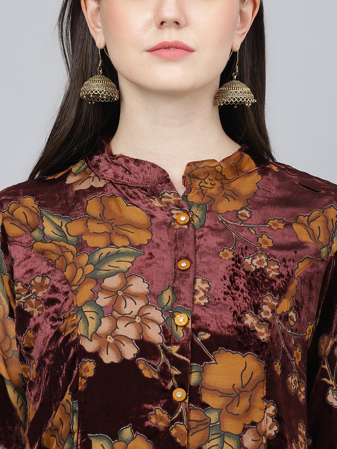  Wine Floral Burn out Velvet A-line Shirts Style Top -  world