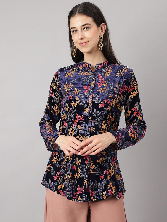  Blue Floral Burn out Valvet A-line Shirts Style Top -  world