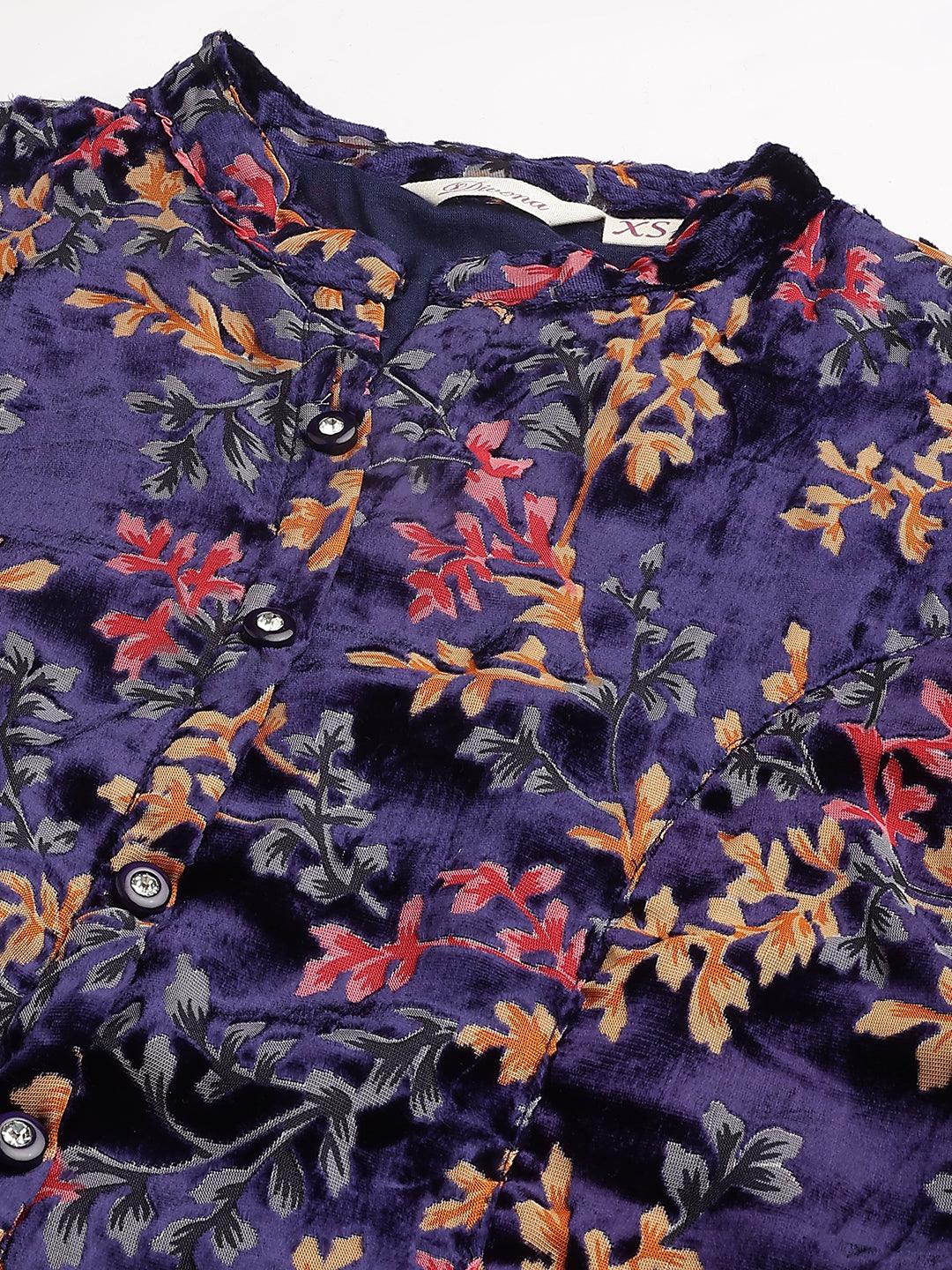  Blue Floral Burn out Valvet A-line Shirts Style Top -  world