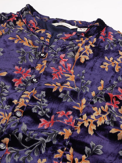  Blue Floral Burn out Valvet A-line Shirts Style Top -  world