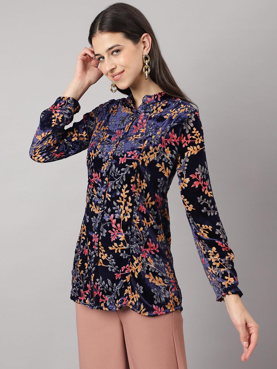  Blue Floral Burn out Valvet A-line Shirts Style Top -  world