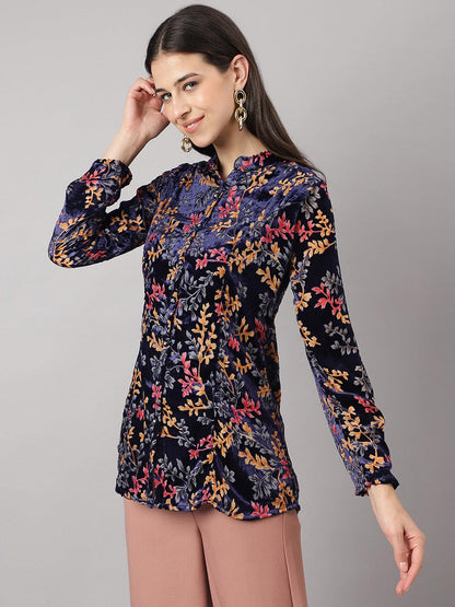  Blue Floral Burn out Valvet A-line Shirts Style Top -  world