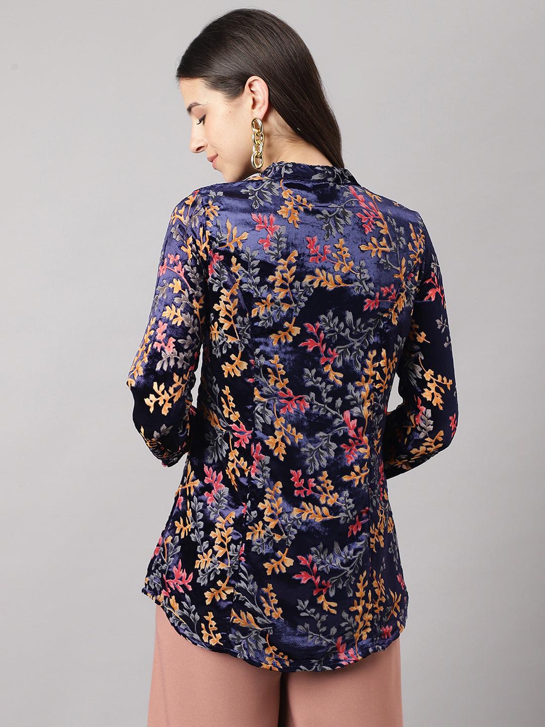  Blue Floral Burn out Valvet A-line Shirts Style Top -  world