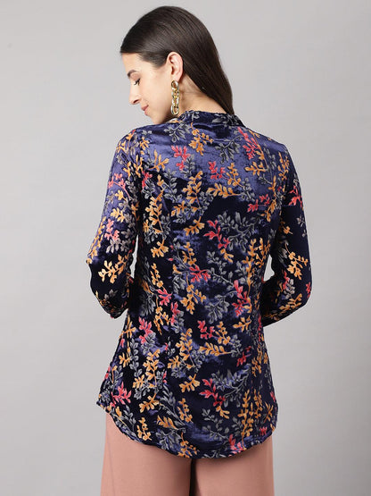  Blue Floral Burn out Valvet A-line Shirts Style Top -  world