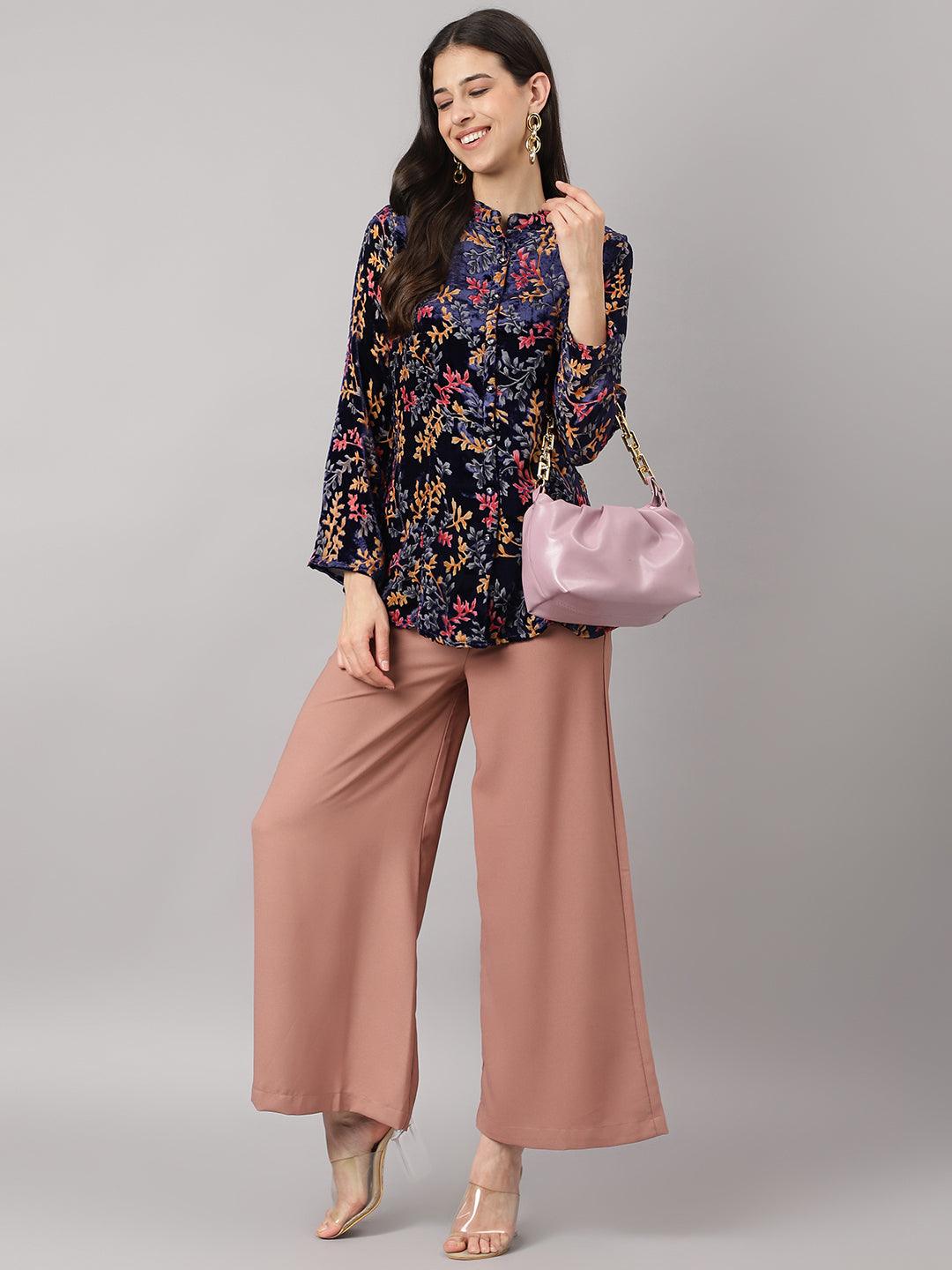  Blue Floral Burn out Valvet A-line Shirts Style Top -  world