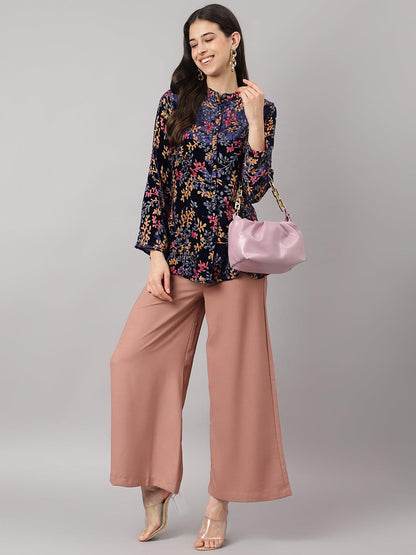  Blue Floral Burn out Valvet A-line Shirts Style Top -  world