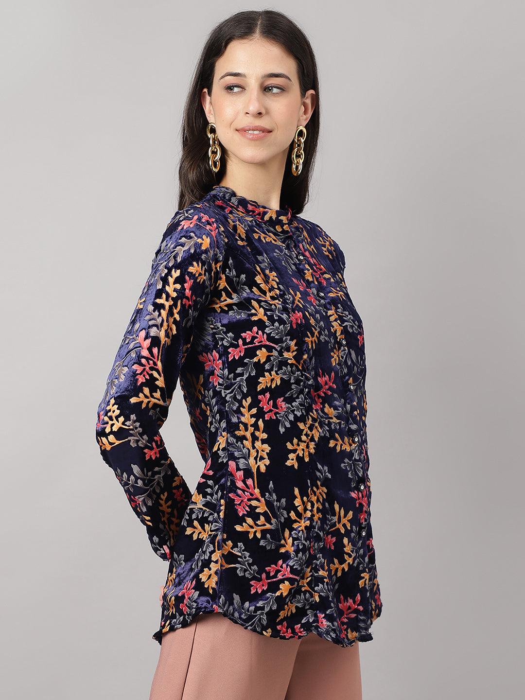  Blue Floral Burn out Valvet A-line Shirts Style Top -  world