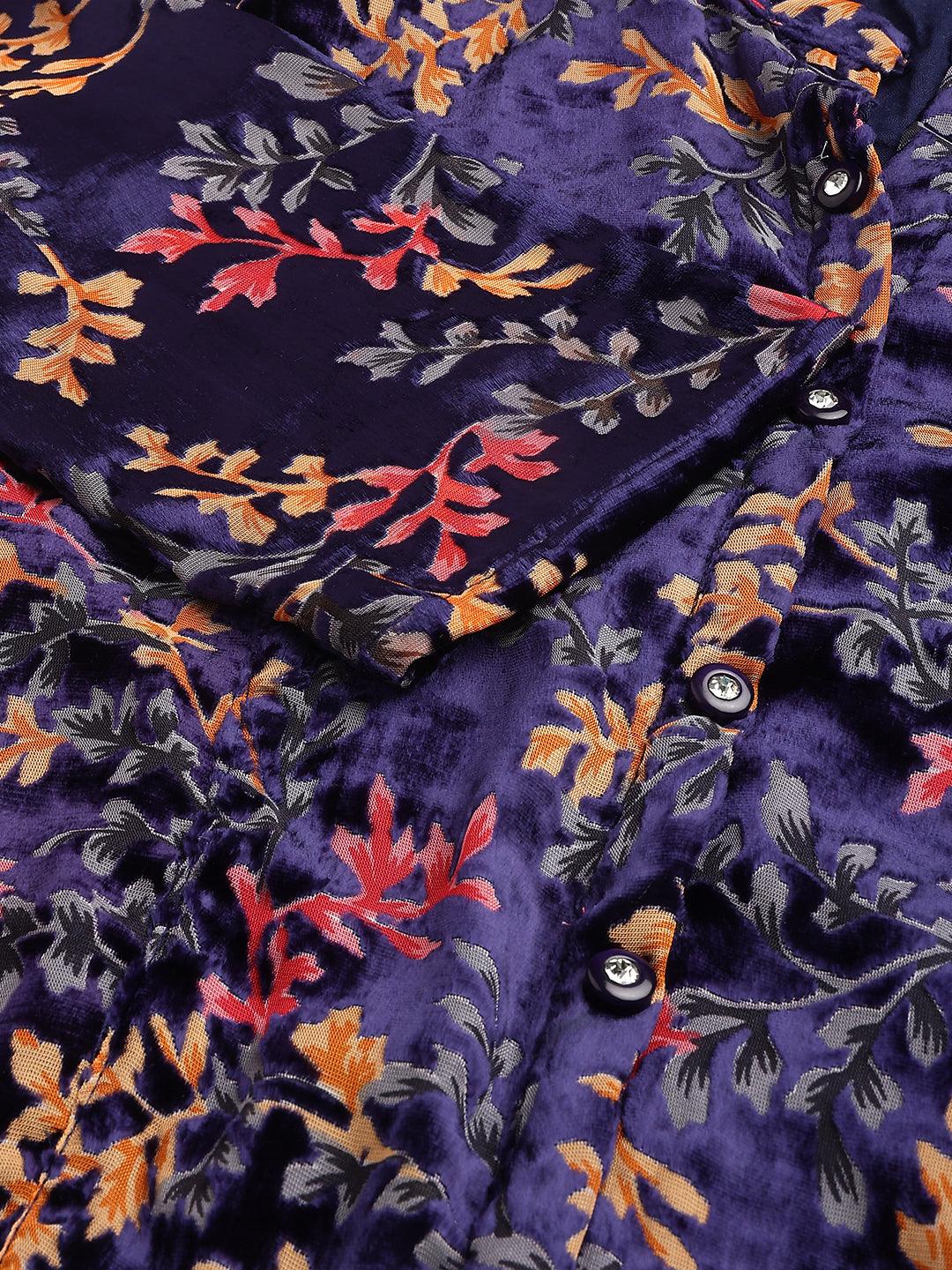  Blue Floral Burn out Valvet A-line Shirts Style Top -  world