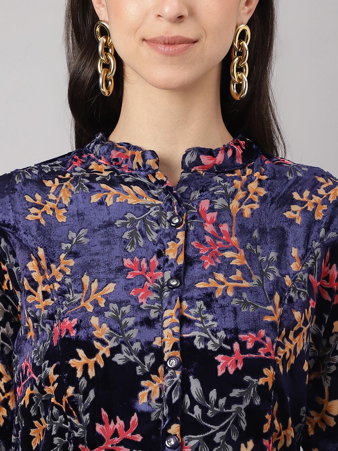  Blue Floral Burn out Valvet A-line Shirts Style Top -  world