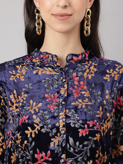  Blue Floral Burn out Valvet A-line Shirts Style Top -  world